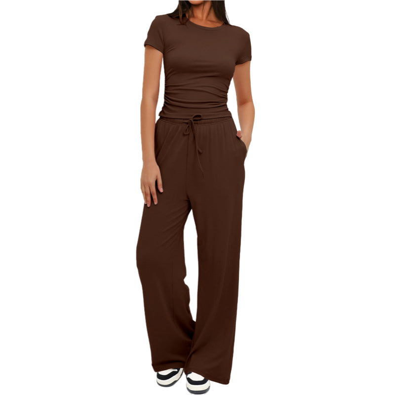 Women's Casual Solid Color T-Shirt & Straight Leg Pants Set
