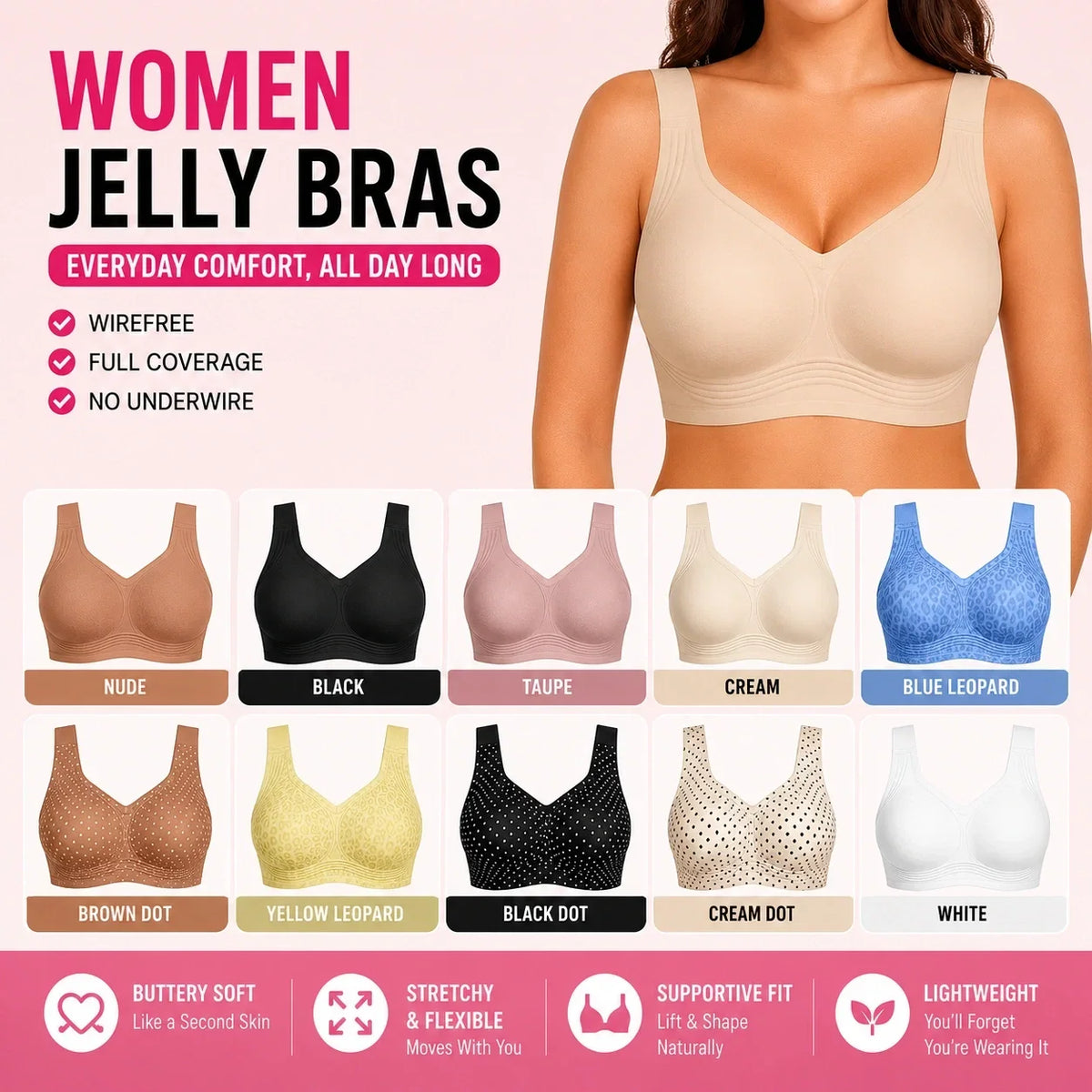 💗LAST WEEK- ONLY￡10.99!!⚡50K+ SOLD🎁Jelly Wireless Womens Comfortable Wireless Bras Push Up Bralettes Seamless Tshirts Bras Deep V Everyday Bras