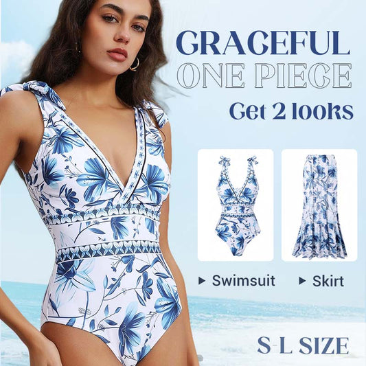 🔥LAST DAY SALE - ONLY £12.99!!⚡50K+ SOLD!👙V Neck Lace Up Printed One Piece Swimsuit and Skirt