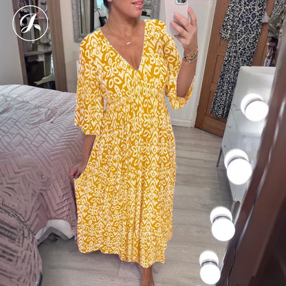 💖LAST DAY SALE 50% OFF💖Bohemian casual print V-neck waist wrap long dress