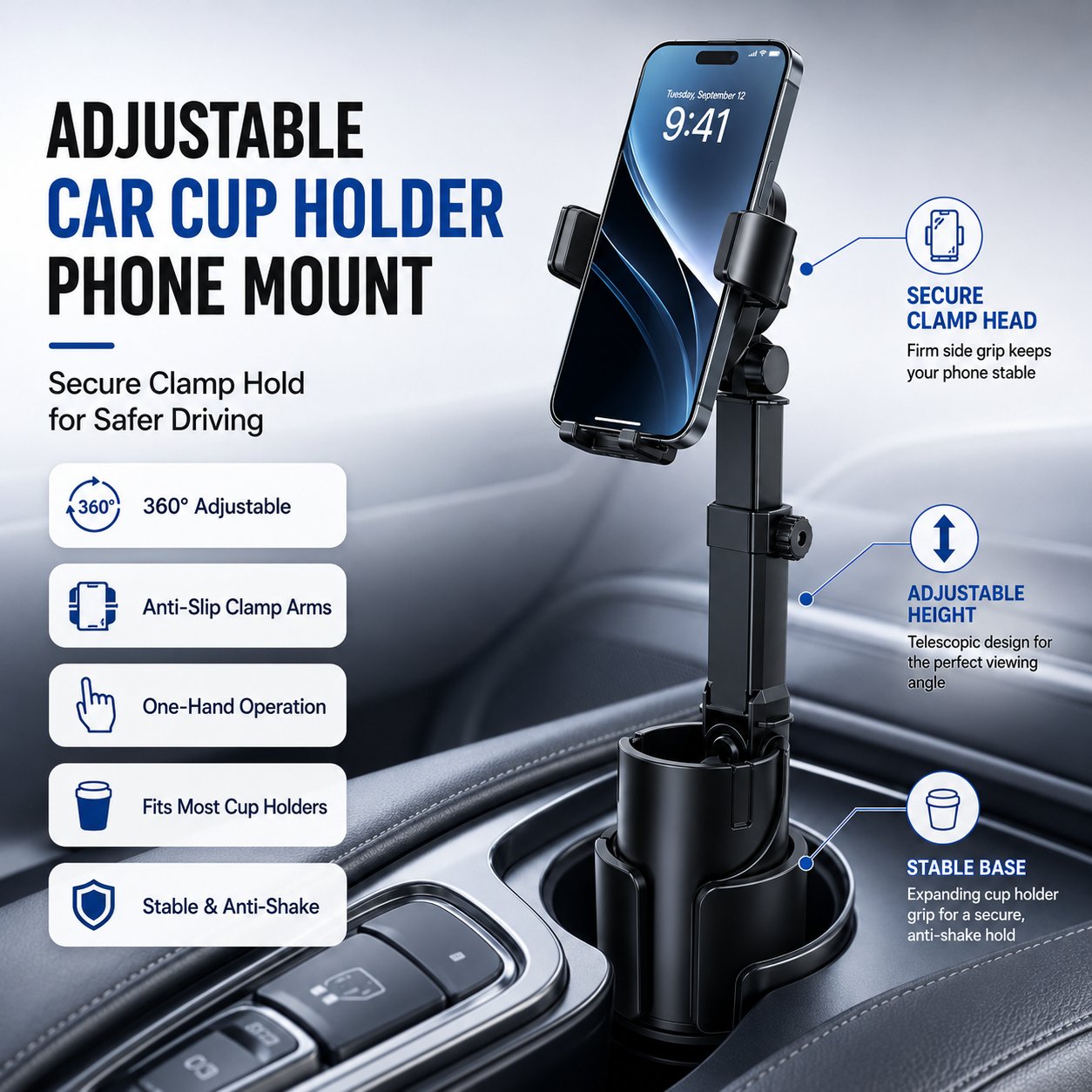 48%OFF|🔥Car Cup Holder Phone Mount – 360° adjustable, strong N52 magnet, one-handed operation, fits all phones, stable magnetic and clamp models for safe driving