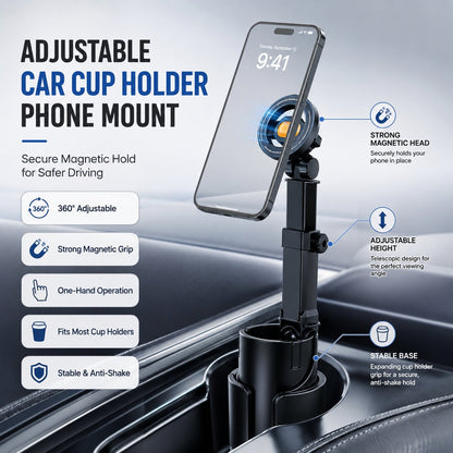 48%OFF|🔥Car Cup Holder Phone Mount – 360° adjustable, strong N52 magnet, one-handed operation, fits all phones, stable magnetic and clamp models for safe driving