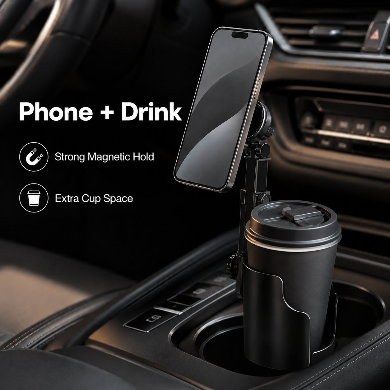 48%OFF|🔥Car Cup Holder Phone Mount – 360° adjustable, strong N52 magnet, one-handed operation, fits all phones, stable magnetic and clamp models for safe driving