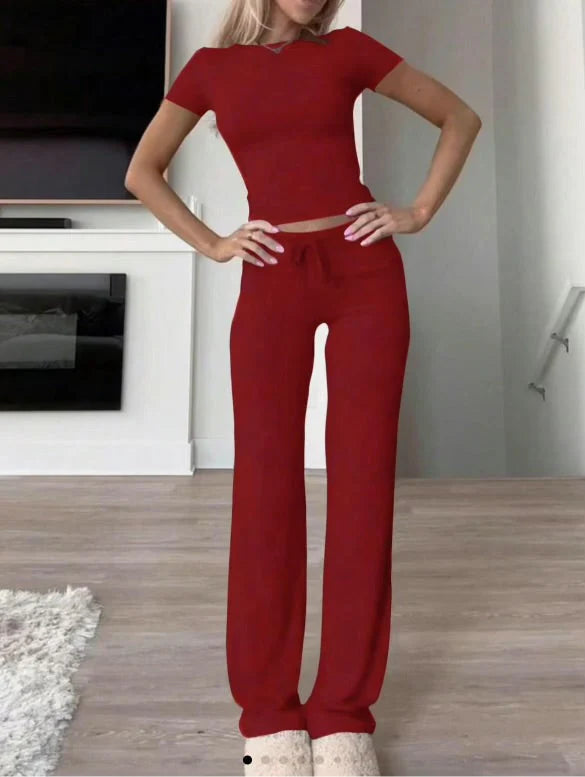 Women's Casual Solid Color T-Shirt & Straight Leg Pants Set