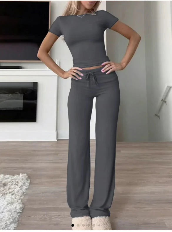 Women's Casual Solid Color T-Shirt & Straight Leg Pants Set