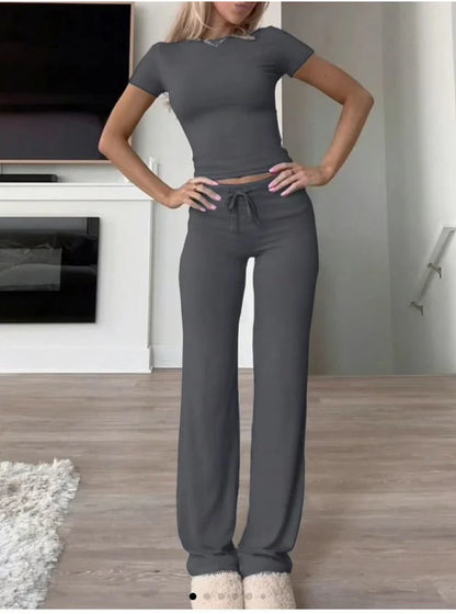 Women's Casual Solid Color T-Shirt & Straight Leg Pants Set
