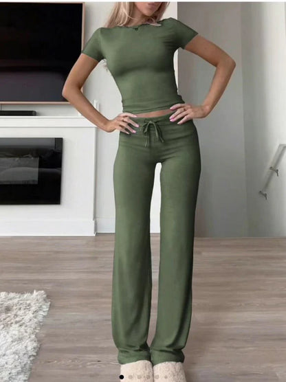 Women's Casual Solid Color T-Shirt & Straight Leg Pants Set