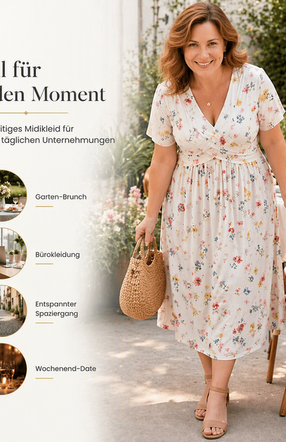 🌸🔥50% RABATT!🔥🔥Blumiges V-Ausschnitt-Kleid mit Taillendrehung – elegant und lässig für jeden Anlass