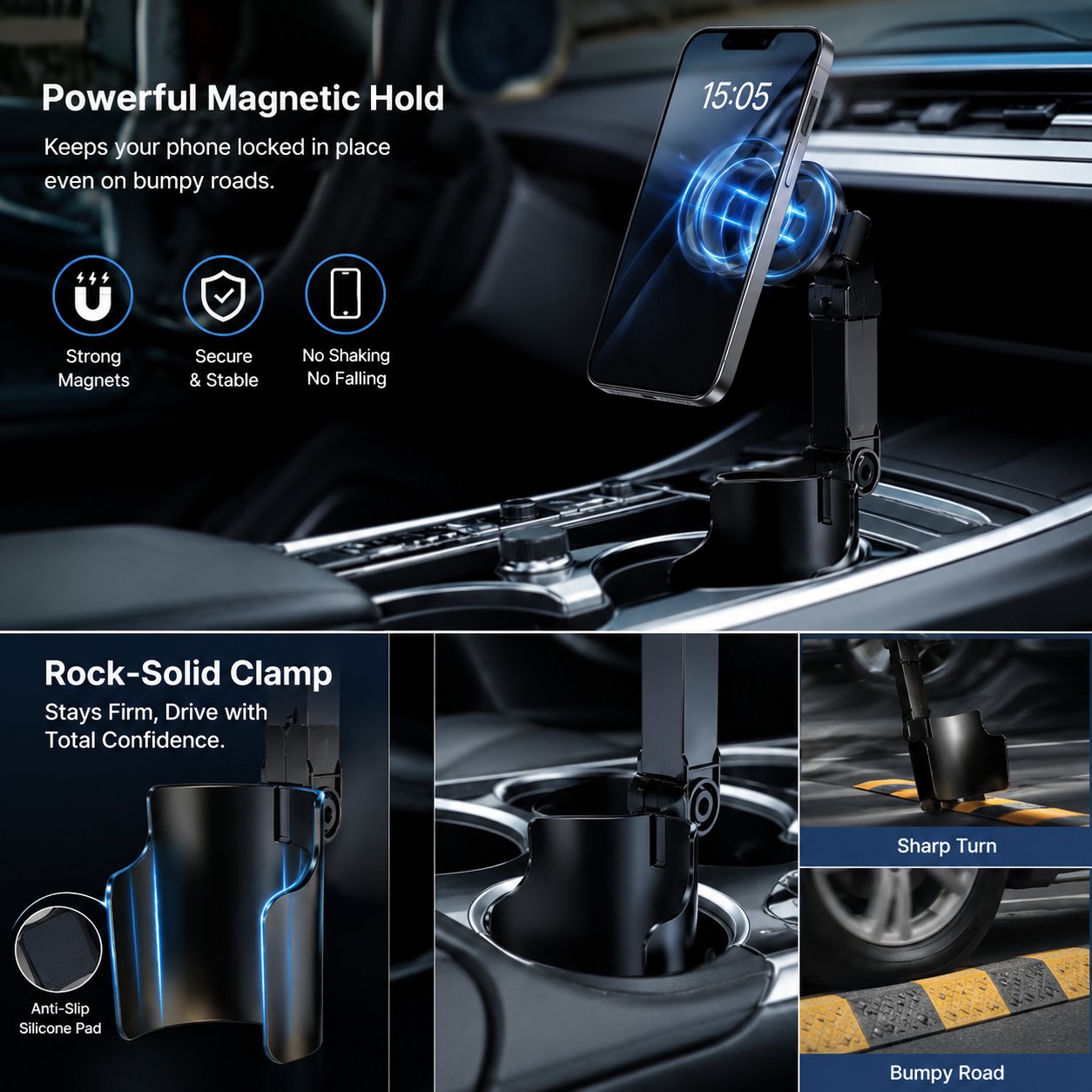 48%OFF|🔥Car Cup Holder Phone Mount – 360° adjustable, strong N52 magnet, one-handed operation, fits all phones, stable magnetic and clamp models for safe driving