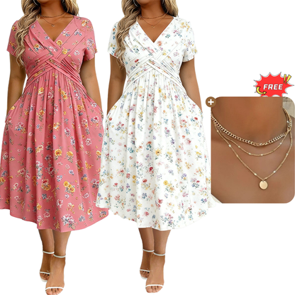 🔥LAST DAY SALE ONLY￡15.99!!🌿Women's V-Neck Floral Print Dress with Twist Waist