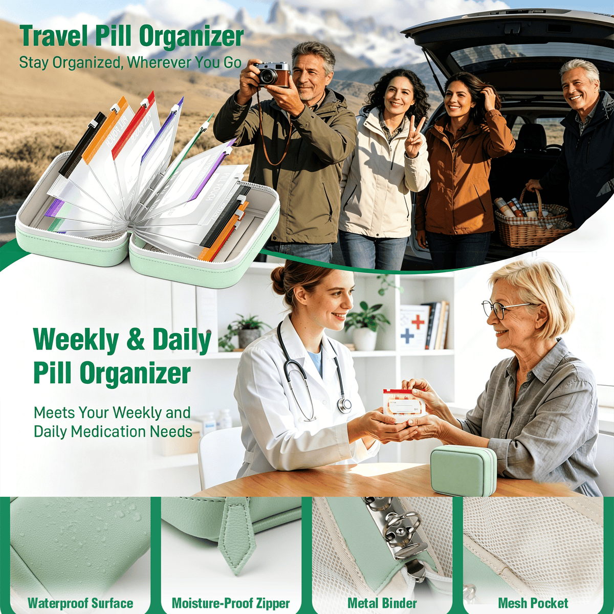 💊 A8 Waterproof 14 Color-Coded Pill Pouches Organizer – Portable Binder-Style Weekly Travel Medicine Storage Case for Pills, Vitamins & Supplements