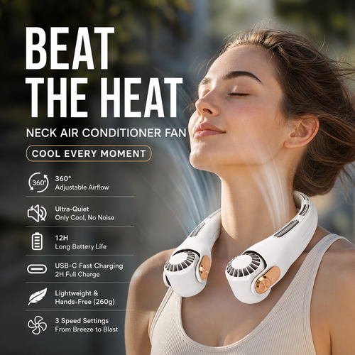 🔥LAST DAY SALE £12.99!!⚡50K+ SOLD!🍃❄️Neck Air Conditioner Fan – Ultra‑quiet, 360° rotating, 3 speeds. Hands‑free cooling, long battery. Summer essential!