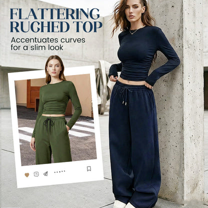 Women's Two-Piece Ruched Top and Wide-Leg Pants Set