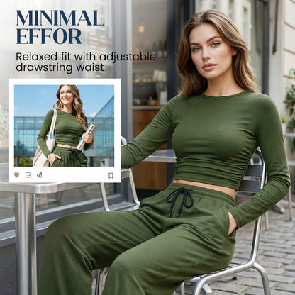 Women's Two-Piece Ruched Top and Wide-Leg Pants Set