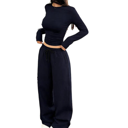 Women's Two-Piece Ruched Top and Wide-Leg Pants Set