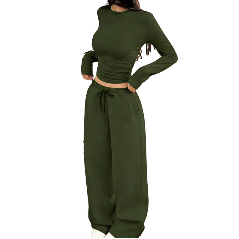 Women's Two-Piece Ruched Top and Wide-Leg Pants Set