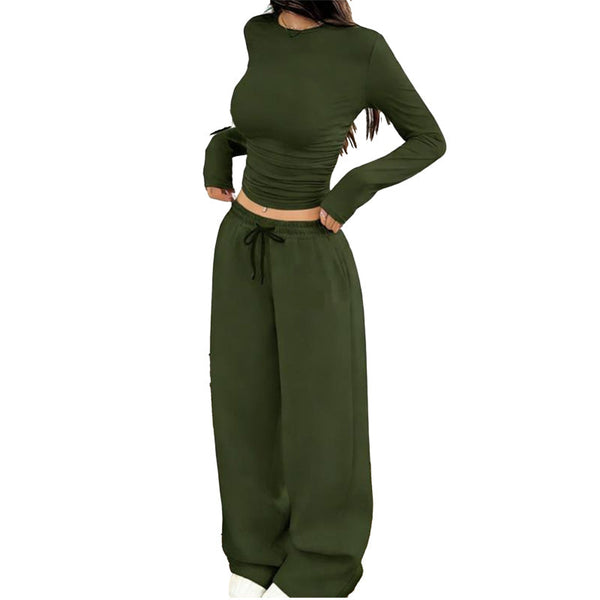 Women's Two-Piece Ruched Top and Wide-Leg Pants Set