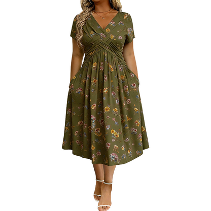 🌸🔥50% RABATT!🔥🔥Blumiges V-Ausschnitt-Kleid mit Taillendrehung – elegant und lässig für jeden Anlass