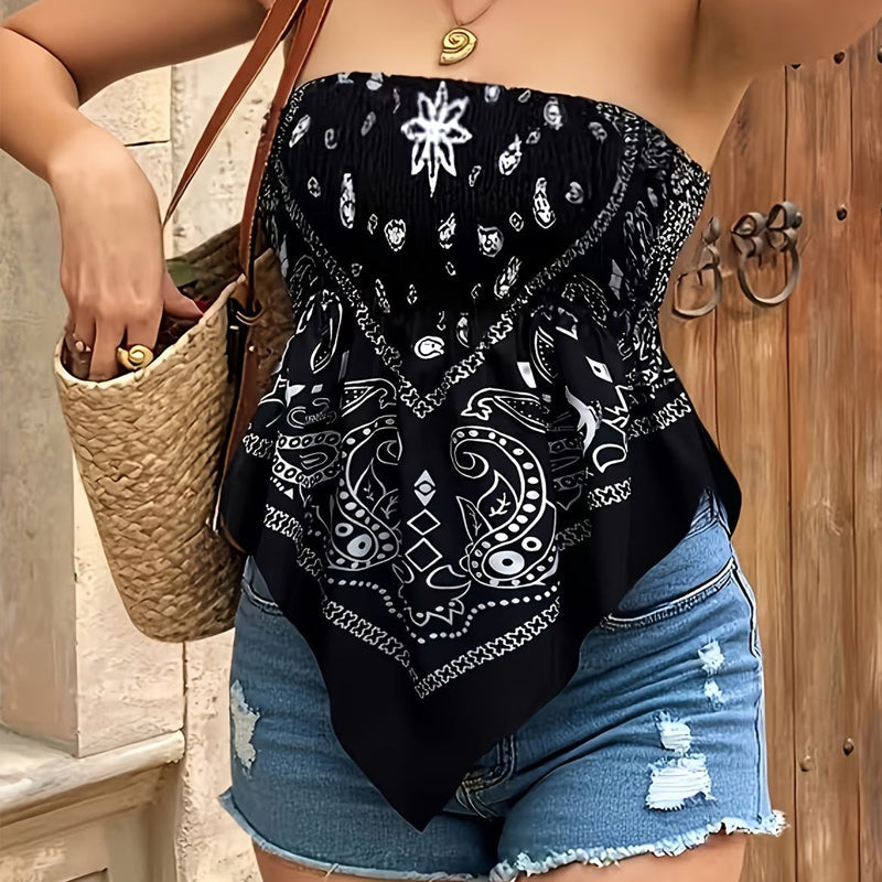 🏆2026 Summer Hot Sale 50% OFF: Only £10.99‼️🪁Women's Asymmetrical Hem Bandana Tube Top✨No Straps Irregular Hem Print Wrap Crop Tank For Street Holiday🏖️