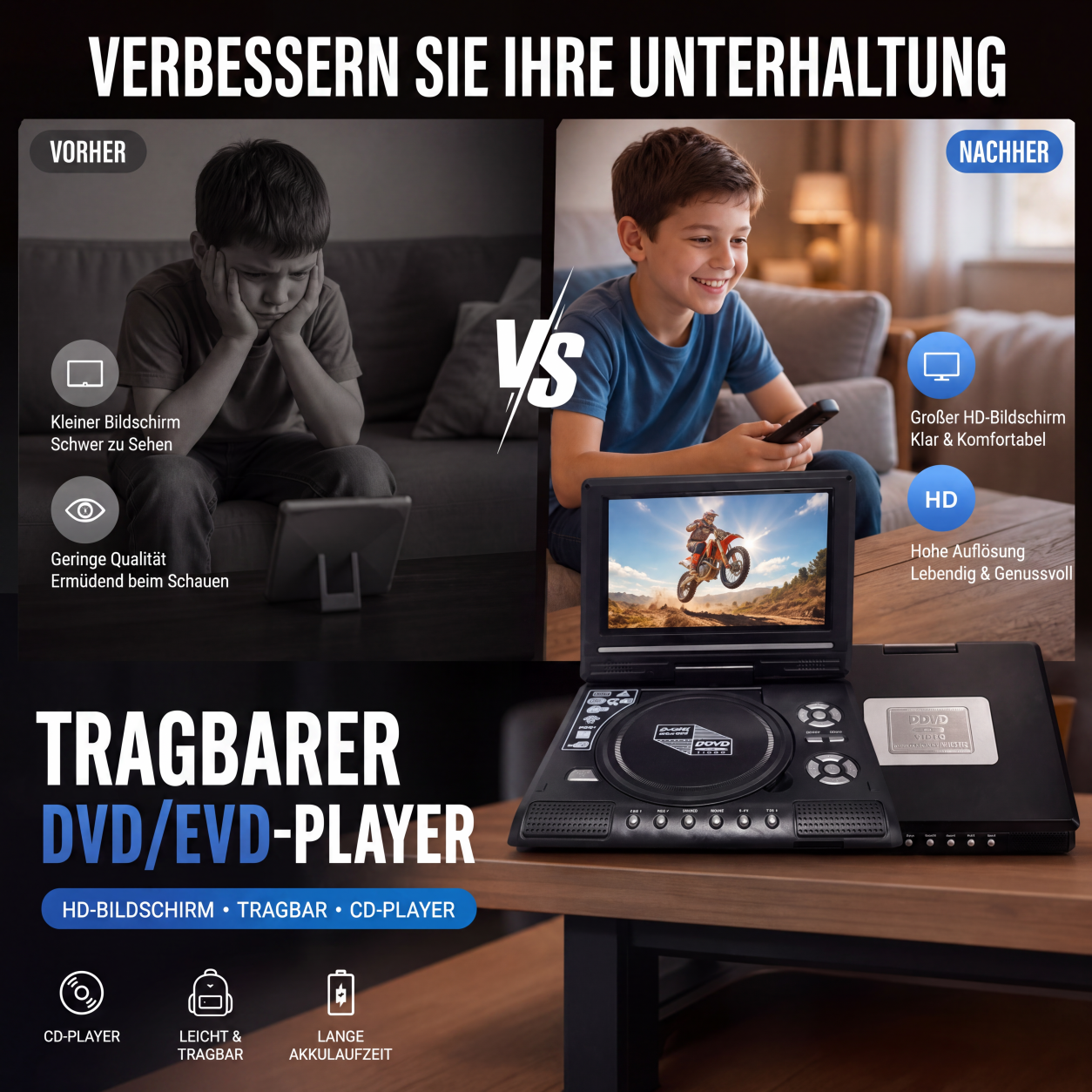🥳2026 HEISSER VERKAUF🥳💞ÜBER 50.000 MAL VERKAUFT!📺✨ 50 % RABATT! 7,8 Zoll HD Tragbarer DVD-Player – Kristallklares Bild, integrierter Lautsprecher & AV-Ausgang. Spielt DVD/CD/USB/SD ab – perfekt für gemütliche Abende & Reisen! 🎬🎞️
