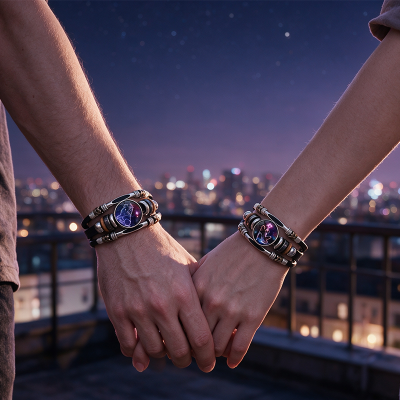 Wear your sign. Watch it glow after dark.-Glow-in-the-Dark 12 Leather Zodiac Bracelet
