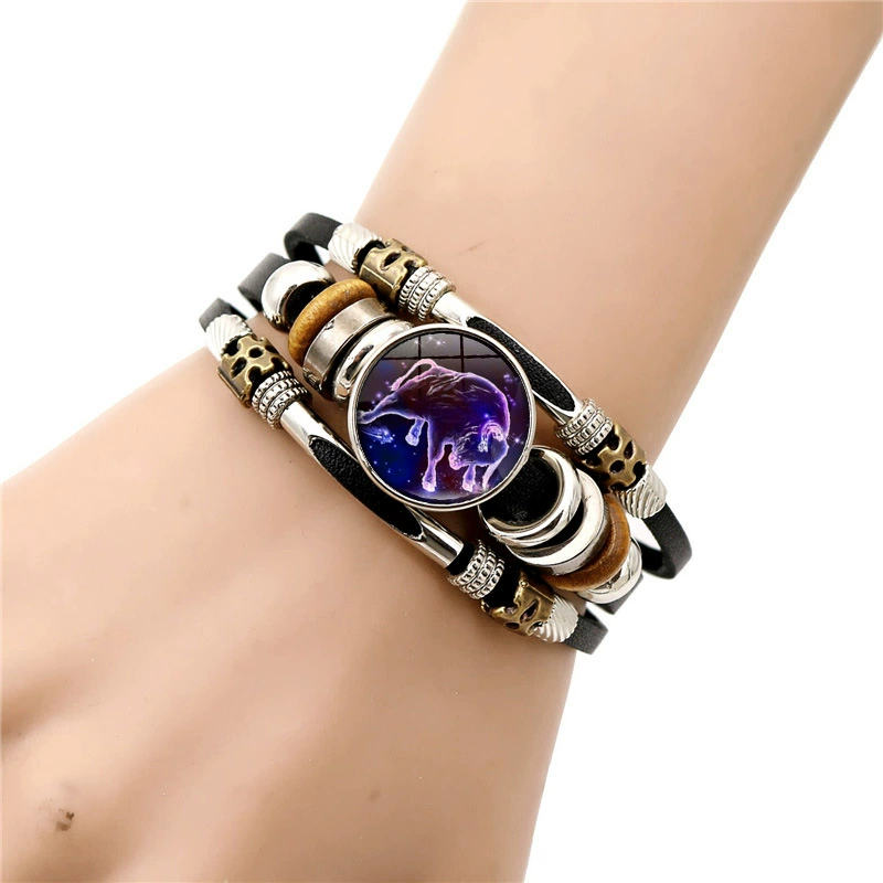 Wear your sign. Watch it glow after dark.-Glow-in-the-Dark 12 Leather Zodiac Bracelet