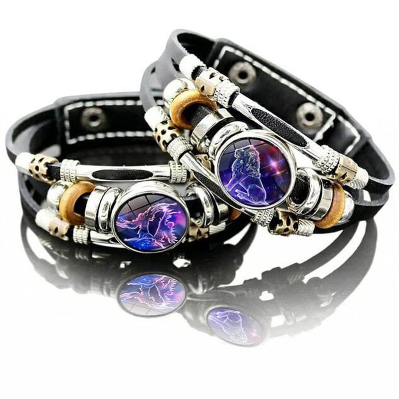 Wear your sign. Watch it glow after dark.-Glow-in-the-Dark 12 Leather Zodiac Bracelet