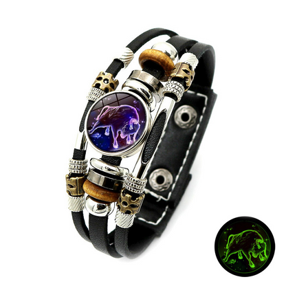 Wear your sign. Watch it glow after dark.-Glow-in-the-Dark 12 Leather Zodiac Bracelet