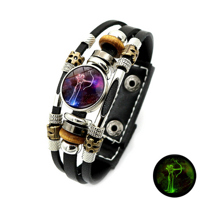 Wear your sign. Watch it glow after dark.-Glow-in-the-Dark 12 Leather Zodiac Bracelet