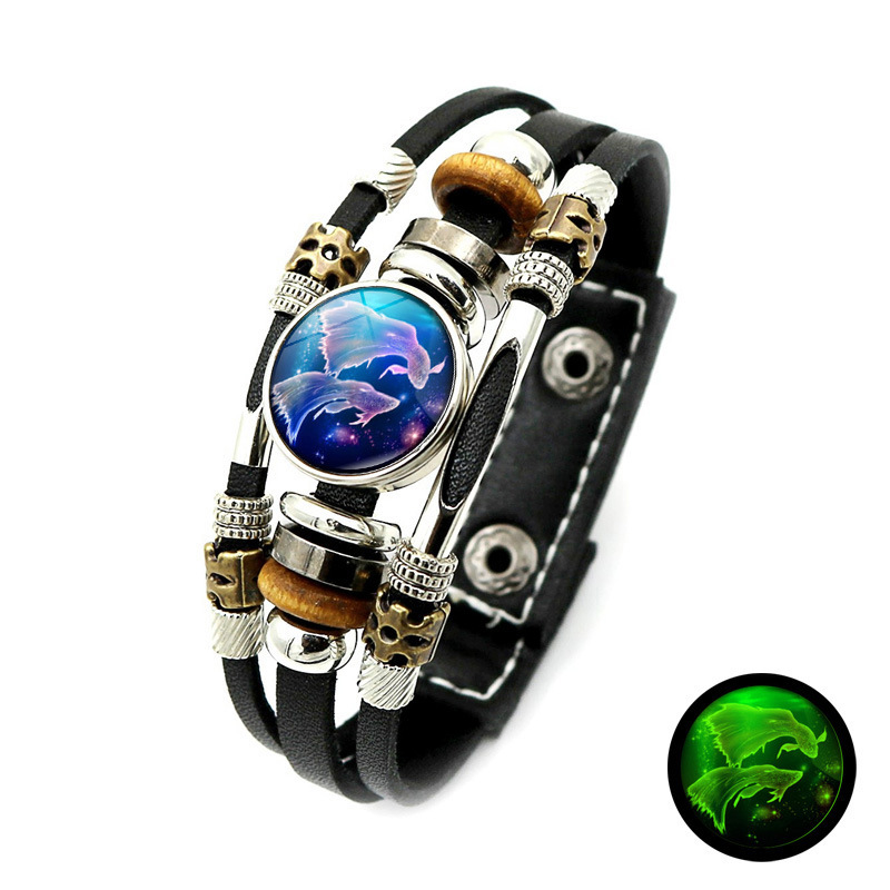 Wear your sign. Watch it glow after dark.-Glow-in-the-Dark 12 Leather Zodiac Bracelet