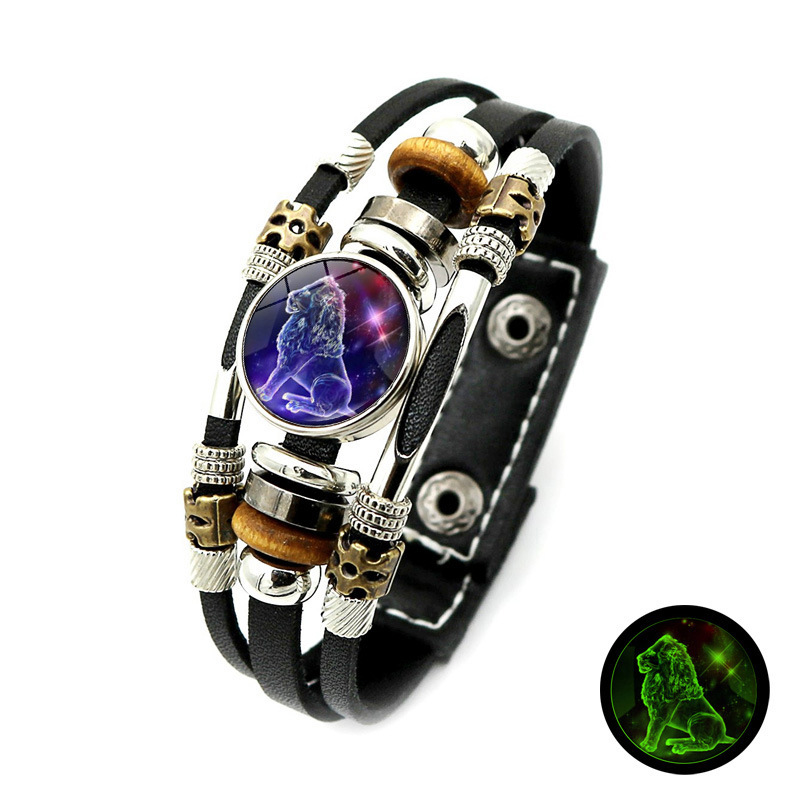 Wear your sign. Watch it glow after dark.-Glow-in-the-Dark 12 Leather Zodiac Bracelet