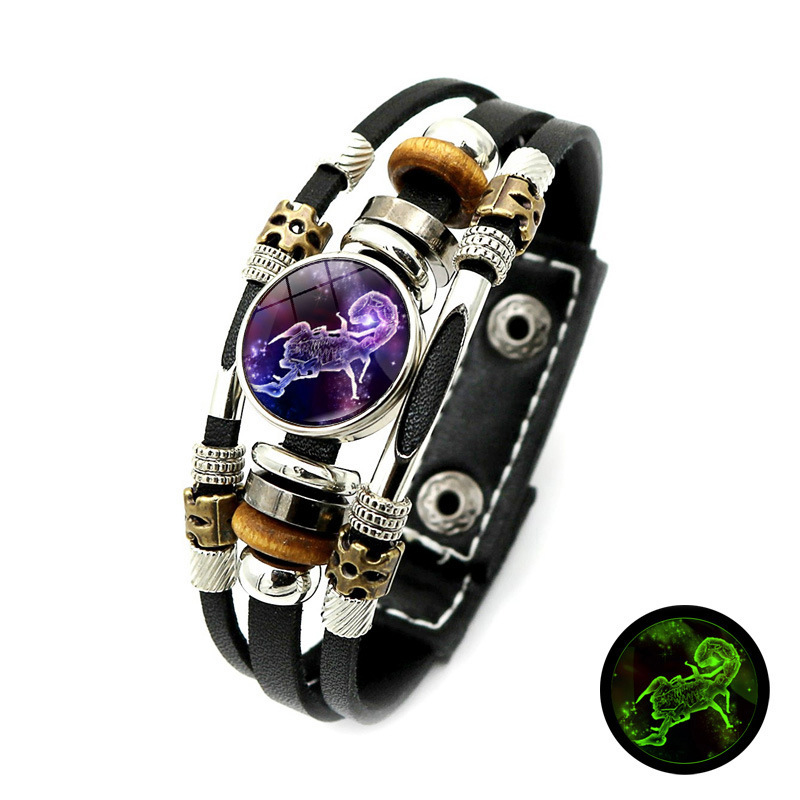 Wear your sign. Watch it glow after dark.-Glow-in-the-Dark 12 Leather Zodiac Bracelet