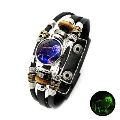 Wear your sign. Watch it glow after dark.-Glow-in-the-Dark 12 Leather Zodiac Bracelet