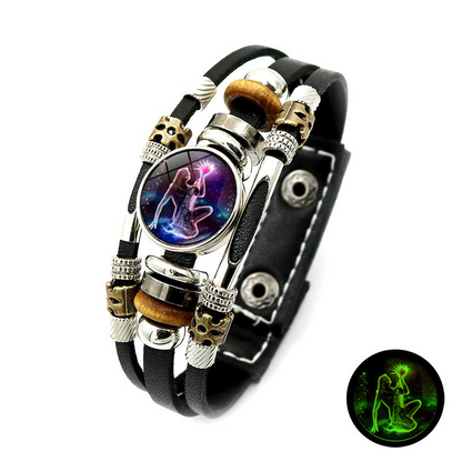 Wear your sign. Watch it glow after dark.-Glow-in-the-Dark 12 Leather Zodiac Bracelet