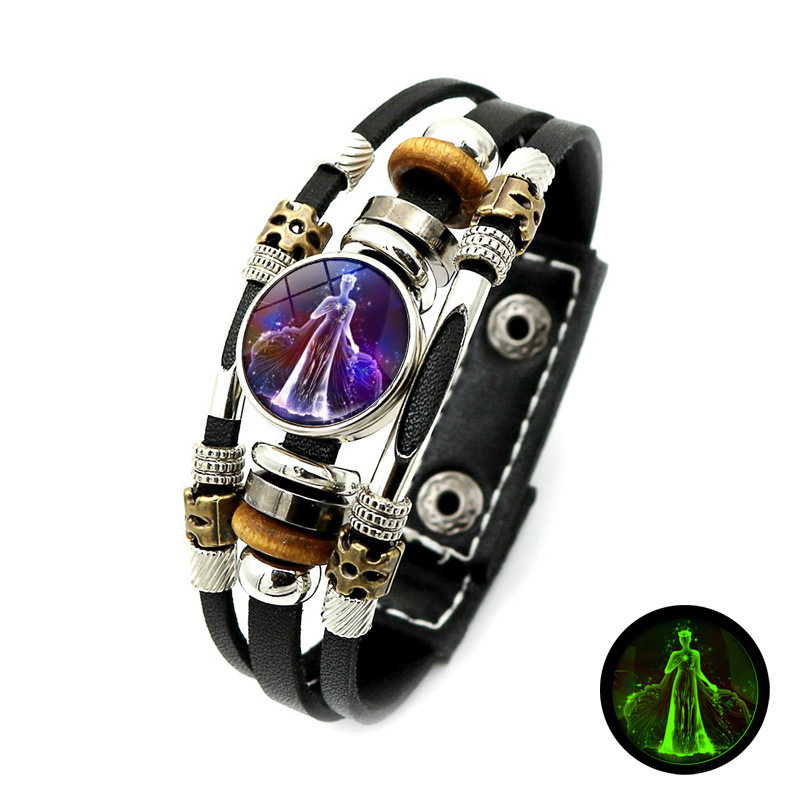 Wear your sign. Watch it glow after dark.-Glow-in-the-Dark 12 Leather Zodiac Bracelet