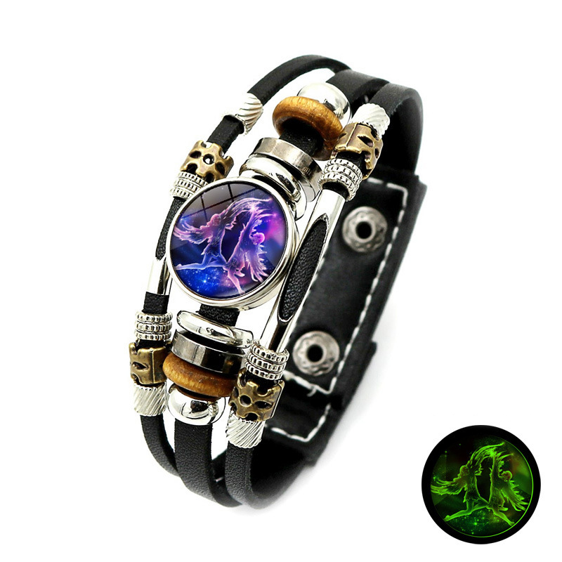 Wear your sign. Watch it glow after dark.-Glow-in-the-Dark 12 Leather Zodiac Bracelet