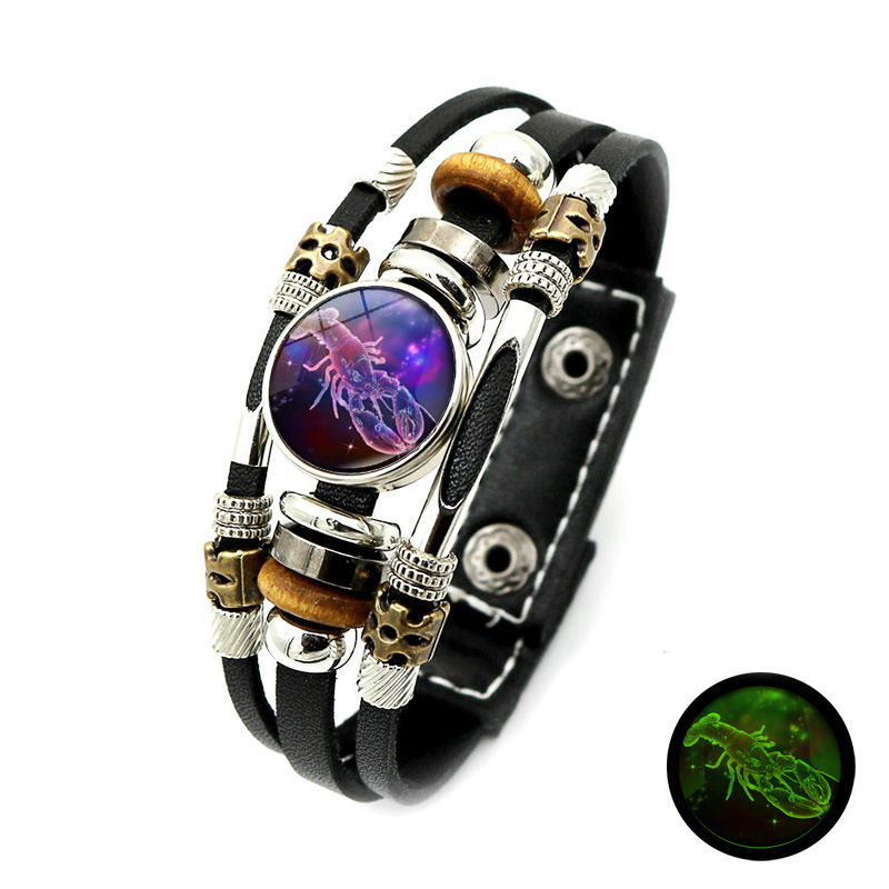 Wear your sign. Watch it glow after dark.-Glow-in-the-Dark 12 Leather Zodiac Bracelet