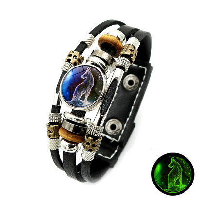 Wear your sign. Watch it glow after dark.-Glow-in-the-Dark 12 Leather Zodiac Bracelet